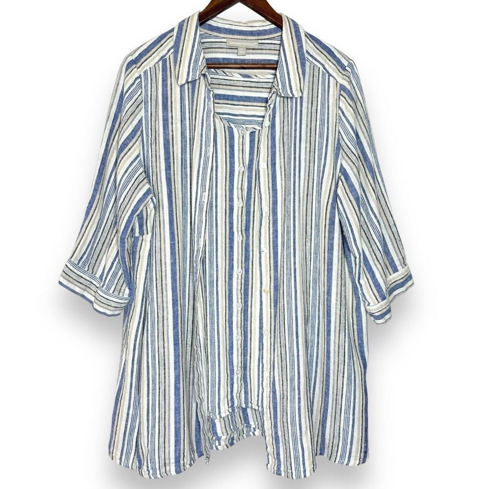 Woman Within Linen Top 18/20 Plus Size 2-Piece‎ Shirt & Tank Set Striped READ